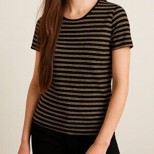 Chico's Travelers Tee Top Lurex U Neck Metallic Gold Black Stripes Size XS
